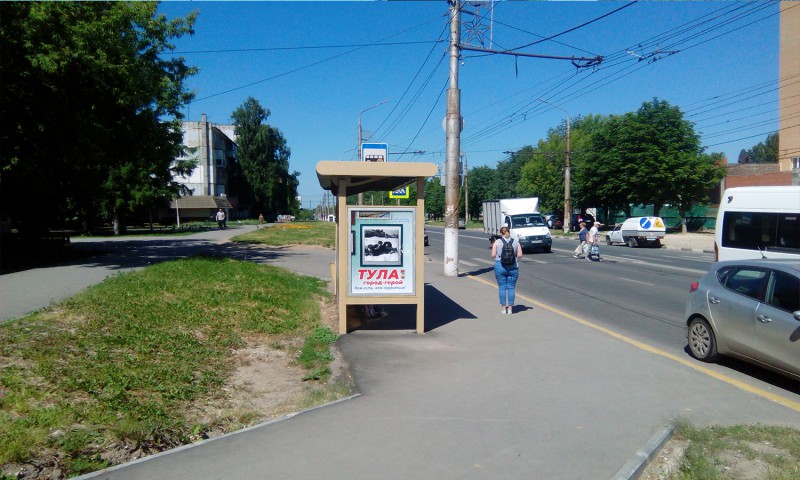 Фотография рекламного носителя, тип: Остановка 1.4x1.6, адрес: Пузакова ул., д.24, Тула, Тульская область, Россия. Сторона B №805820