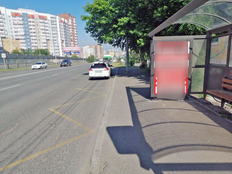 Фотография рекламного носителя, тип: Остановка 1.8x1.2, адрес: Мужества ул., д.47, остановка 7-й микрорайон, Красноярск, Красноярский край, Россия. Сторона А №1046579