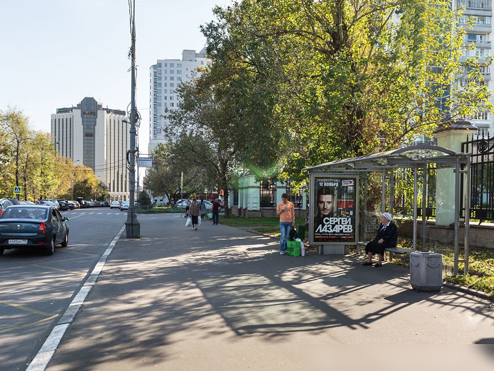 Фотография рекламного носителя, тип: Остановка 1.8x1.2, адрес: Сокольническая пл., д.7, поз.2, Москва, Россия. Сторона А №582536