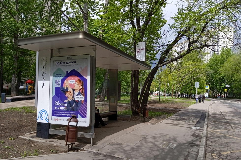 Фотография рекламного носителя, тип: Остановка 1.8x1.2, адрес: Пестеля ул., д.1, Москва, Россия. Сторона Б №807307