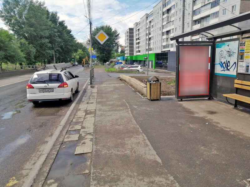 Фотография рекламного носителя, тип: Остановка 1.8x1.2, адрес: Лесопарковая ул., ост. ГПТУ, поз.1, Красноярск, Красноярский край, Россия. Сторона А №1046493