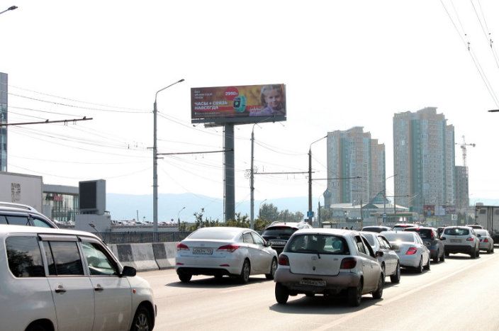 Фотография рекламного носителя, тип: Суперсайт 4x12, адрес: Партизана Железняка ул., съезд на Октябрьский мост, Красноярск, Красноярский край, Россия. Сторона Б №328473