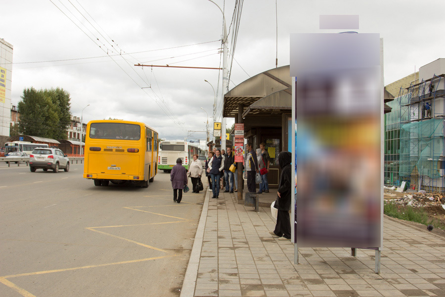 Фотография рекламного носителя, тип: Нестандартный ситиформат, адрес: Байкальская ул., ООТ Байкальский микрорайон, поз.1, Иркутск, Иркутская область, Россия. Сторона А №509404
