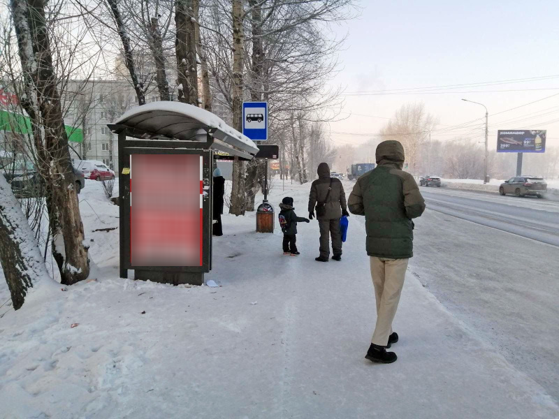 Фотография рекламного носителя, тип: Остановка 1.8x1.2, адрес: Калинина ул. X Норильской ул., 4д, Красноярск, Красноярский край, Россия. Сторона Б №1097890
