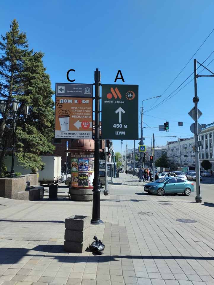 Фотография рекламного носителя, тип: Дорожный указатель, адрес: Пушкинская ул., д.50 X Буденновский пр-т., Ростов-на-Дону, Ростовская область, Россия. Сторона А2 №1087109