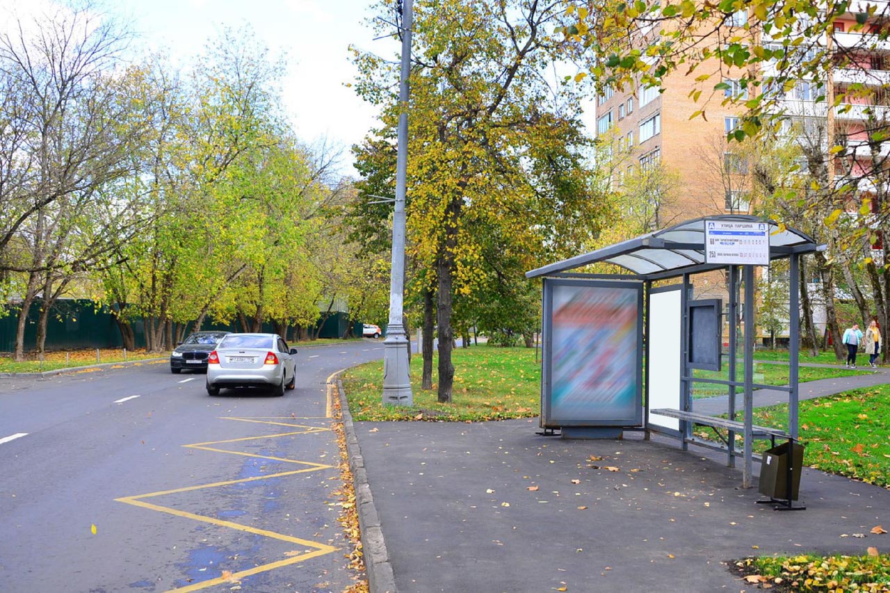 Фотография рекламного носителя, тип: Остановка 1.8x1.2, адрес: Паршина ул., д.6, поз.1, Москва, Россия. Сторона А2 №931787