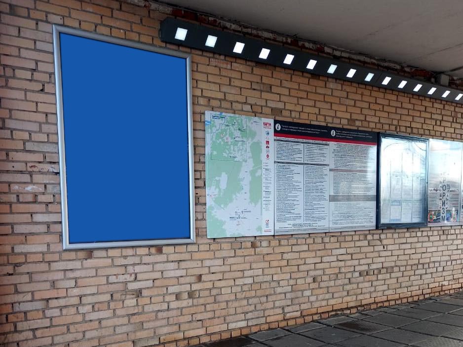 Фотография рекламного носителя, тип: Ситиформат 1.8x1.2, адрес: Талдом ст., на стене навеса здания вокзала, слева от информационных табло, Московская область, Россия. Сторона А №941921