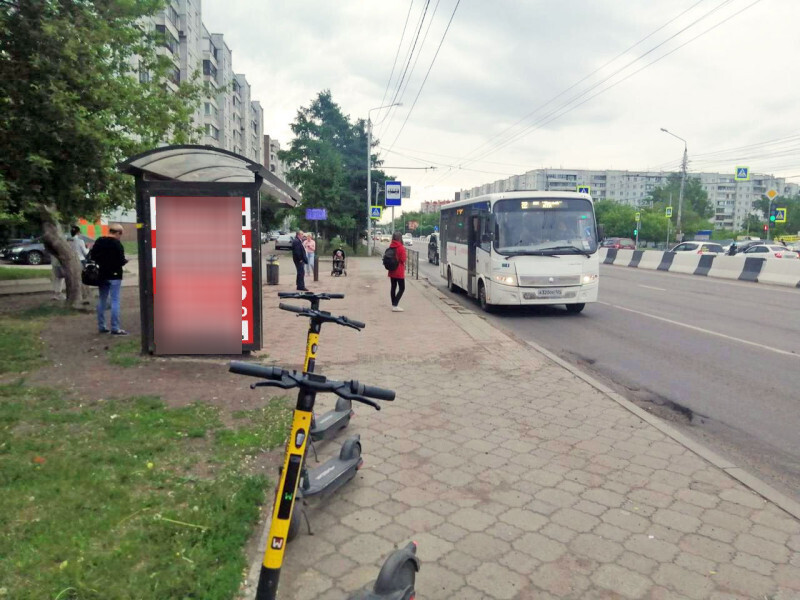 Фотография рекламного носителя, тип: Остановка 1.8x1.2, адрес: Металлургов ул., д.38, остановка Краснодарская, Красноярск, Красноярский край, Россия. Сторона Б №1046556