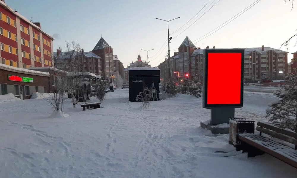 Фотография рекламного носителя, тип: Ситиформат 1.8x1.2, адрес: Чубынина ул., д.12, поз.1, Салехард, Ямало-Ненецкий автономный округ, Россия. Сторона Б1-Б6 №1075666