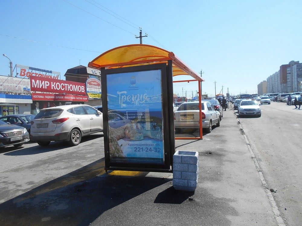 Фотография рекламного носителя, тип: Остановка 1.8x1.2, адрес: Лелюшенко ул., ост. ПервомР "рынок Темерник" поз.2, Ростов-на-Дону, Ростовская область, Россия. Сторона Б №631262