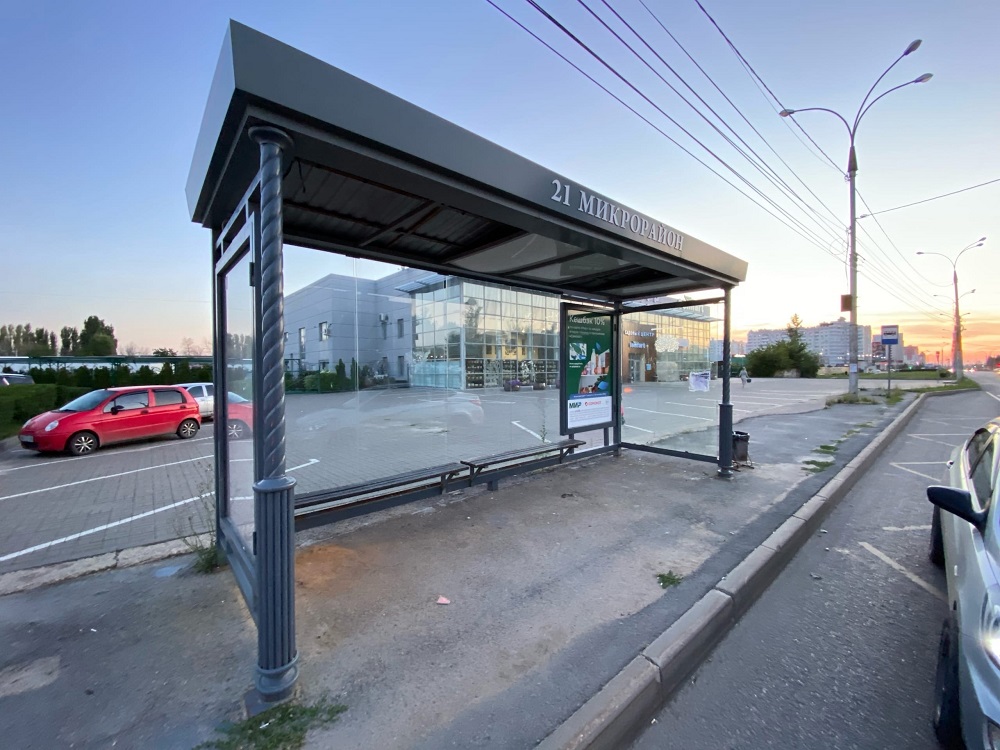 Фотография рекламного носителя, тип: Остановка 1.8x1.2, адрес: остановка 21 микрорайон, поз.1, Липецк, Липецкая область, Россия. Сторона В №1044708