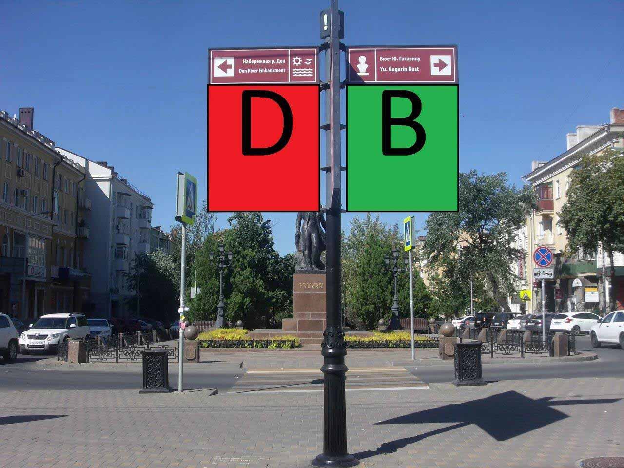 Фотография рекламного носителя, тип: Дорожный указатель, адрес: Пушкинская ул., д.123 X Ворошиловский пр-т., Ростов-на-Дону, Ростовская область, Россия. Сторона Б2 №1087090