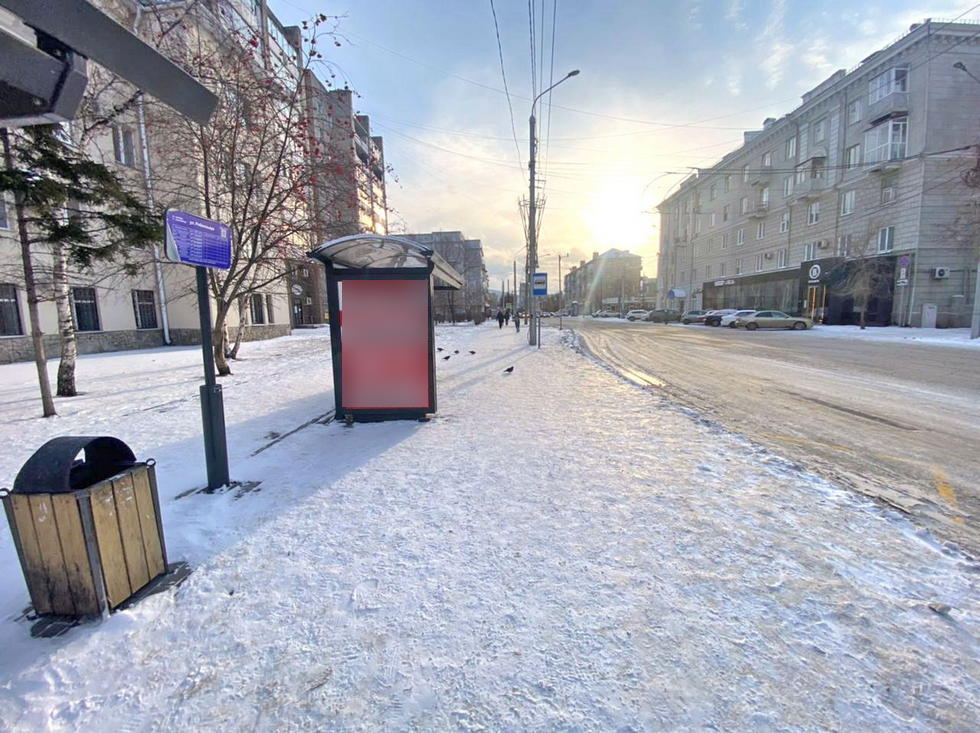 Фотография рекламного носителя, тип: Остановка 1.8x1.2, адрес: Робеспьера ул., д.26, поз.1, Красноярск, Красноярский край, Россия. Сторона Б №1029805