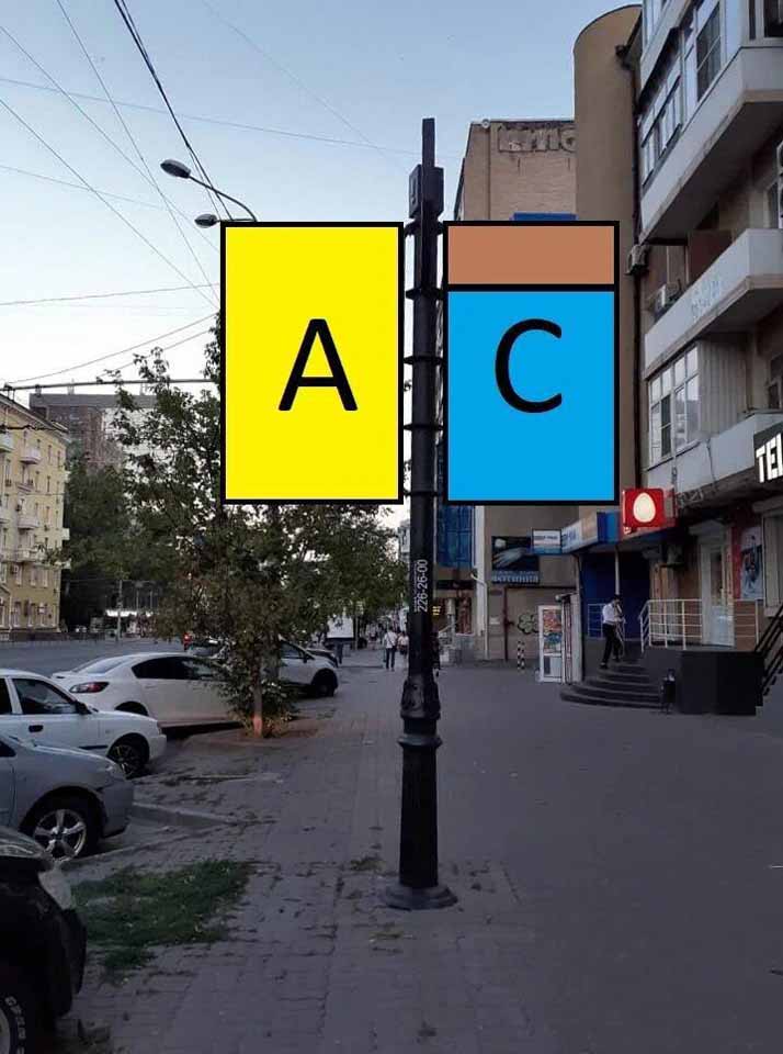 Фотография рекламного носителя, тип: Дорожный указатель, адрес: Ворошиловский пр-т., д.75 X Максима Горького ул., Ростов-на-Дону, Ростовская область, Россия. Сторона А1 №1086869