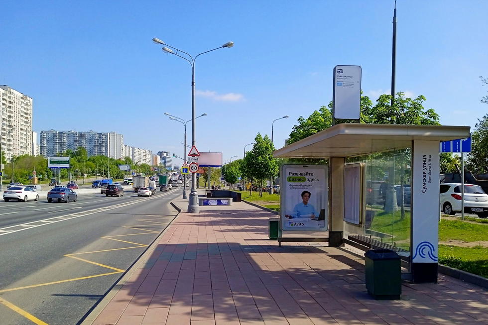 Фотография рекламного носителя, тип: Остановка 1.8x1.2, адрес: Варшавское ш., д.127, Москва, Россия. Сторона А №800756