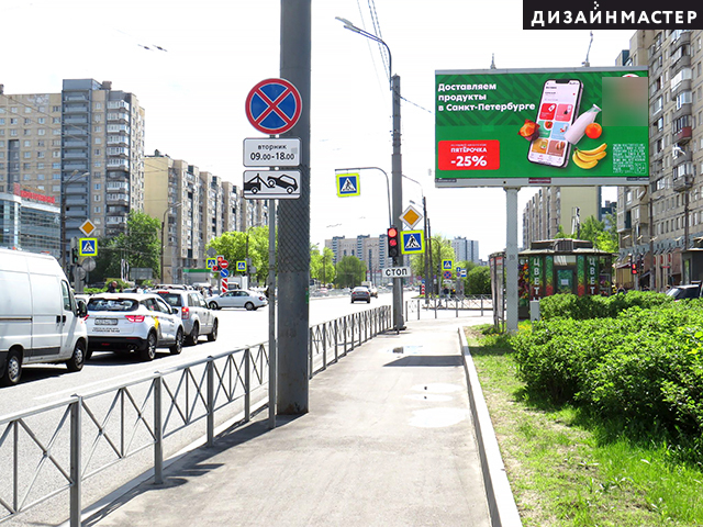 Фотография рекламного носителя, тип: Билборд 3x6, адрес: Индустриальный пр-т., д.32 Х Ударников пр-т., Санкт-Петербург, Россия. Сторона Ah1-Ah6 №721187