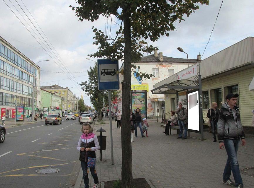 Фотография рекламного носителя, тип: Остановка 1.8x1.2, адрес: Крестовая ул., д.59а, Рыбинск, Ярославская область, Россия. Сторона A1 №957109