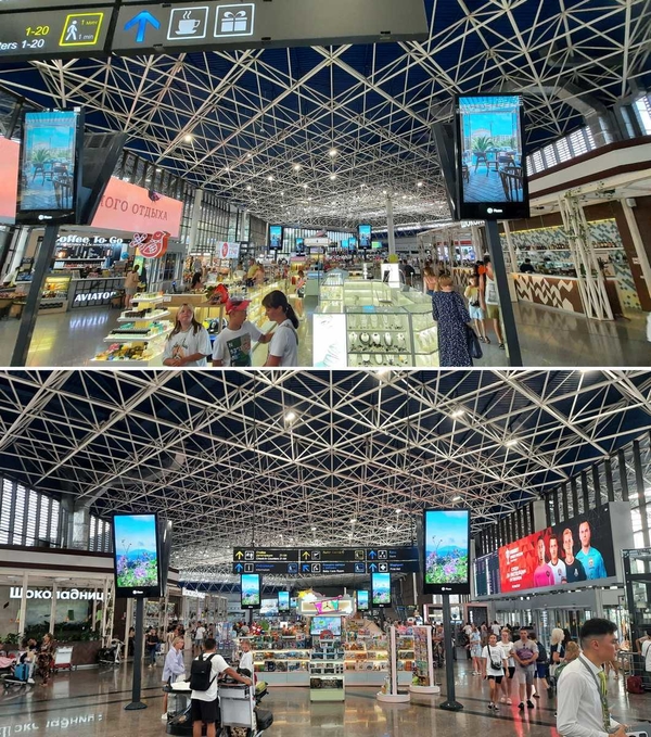 Фотография рекламного носителя, тип: Видеоэкран, адрес: Аэропорт «Адлер», Мира ул., д.50, Адлер, Краснодарский край, Россия. Сторона/вариант №1056173