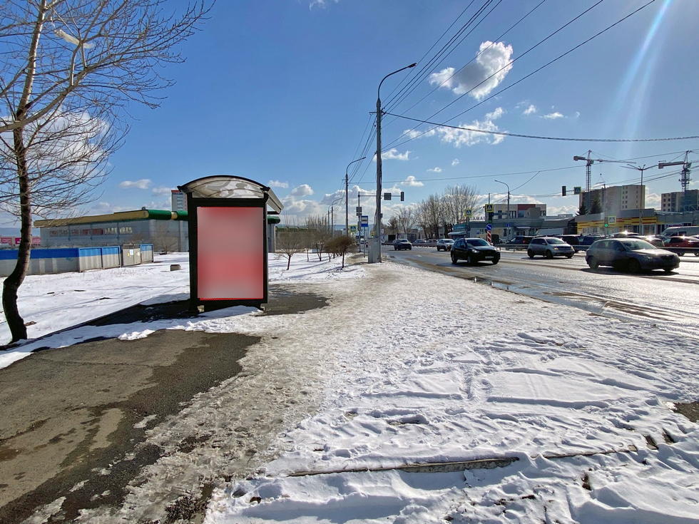 Фотография рекламного носителя, тип: Остановка 1.8x1.2, адрес: Шахтеров ул., д.39, напротив ост. Рынок, Красноярск, Красноярский край, Россия. Сторона Б №1029775