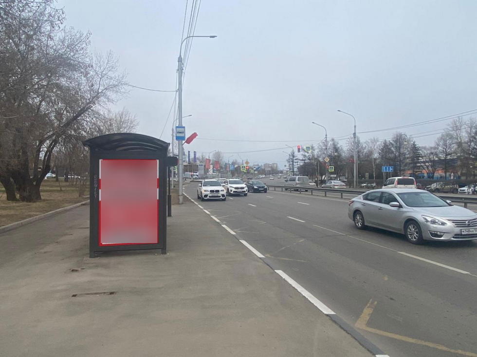 Фотография рекламного носителя, тип: Остановка 1.8x1.2, адрес: Шахтеров ул. Х Енисейская ул., д.2а, Красноярск, Красноярский край, Россия. Сторона Б №1029771