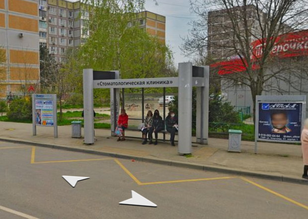 Фотография рекламного носителя, тип: Остановка 1.8x1.2, адрес: Гидростроителей ул., д.34, Краснодар, Краснодарский край, Россия. Сторона А1 №597389