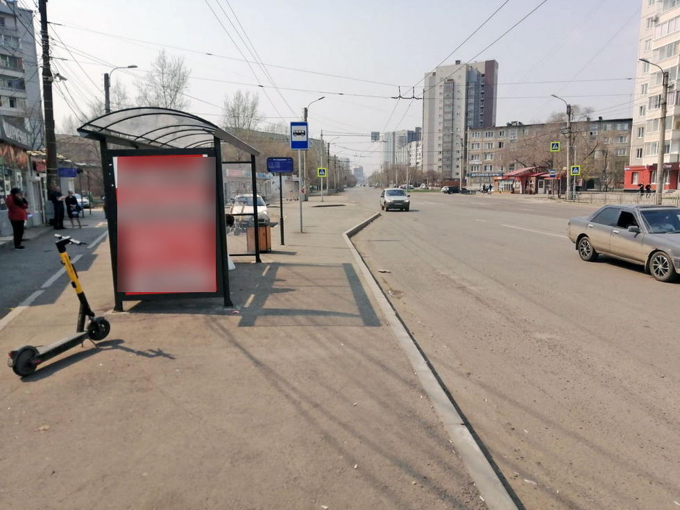 Фотография рекламного носителя, тип: Остановка 1.8x1.2, адрес: Воронова ул., д.12, ост. 10-й микрорайон, Красноярск, Красноярский край, Россия. Сторона Б №1029765