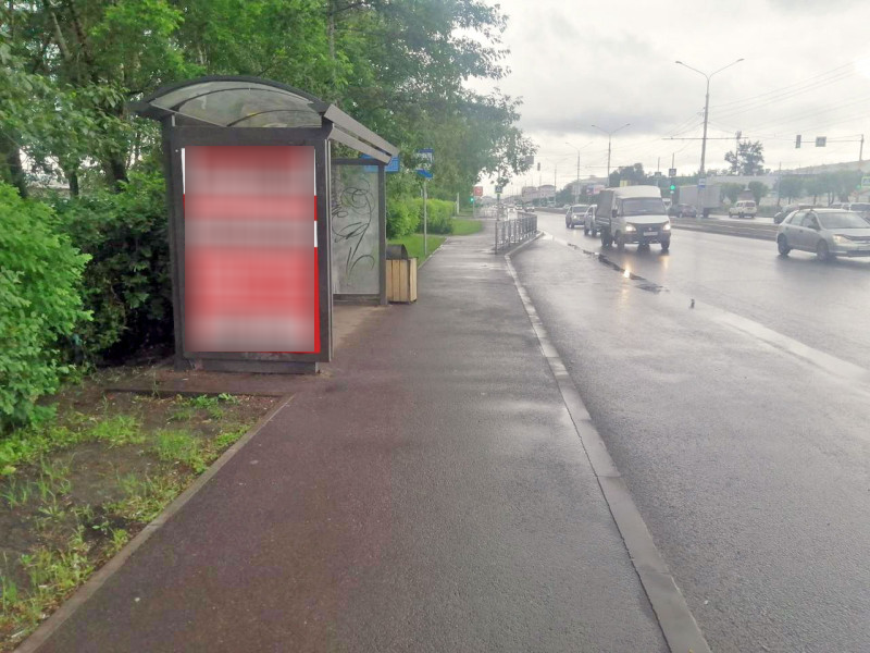 Фотография рекламного носителя, тип: Остановка 1.8x1.2, адрес: Красноярский рабочий пр-т., д.27, ост. Каменный квартал, Красноярск, Красноярский край, Россия. Сторона Б №1046470