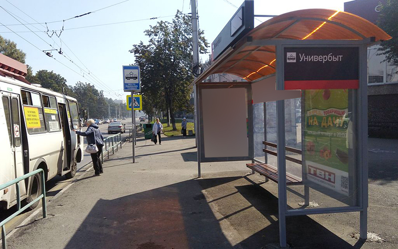 Фотография рекламного носителя, тип: Остановка 1.8x1.2, адрес: Октябрьский ул., д.2/1, Новокузнецк, Кемеровская область, Россия. Сторона А2 №668119