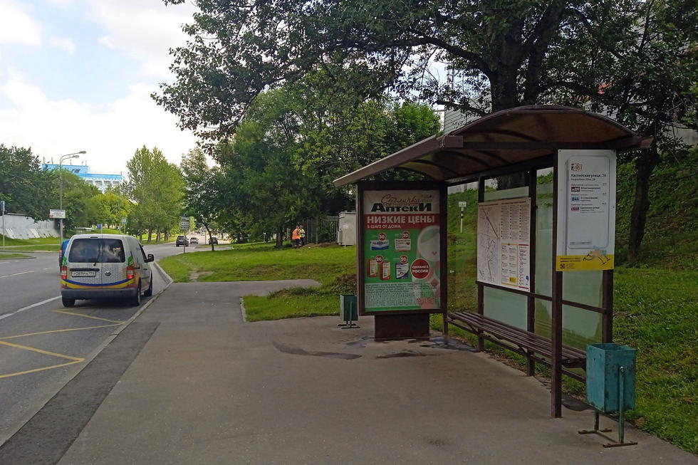 Фотография рекламного носителя, тип: Остановка 1.8x1.2, адрес: Каспийская ул., д.26, корп.1, поз.2, Москва, Россия. Сторона А №927616