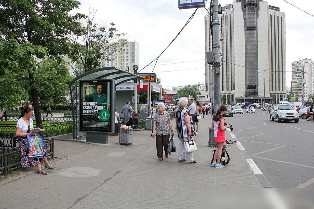 Фотография рекламного носителя, тип: Остановка 1.8x1.2, адрес: Сокольническая пл., д.9, Москва, Россия. Сторона Б №582541