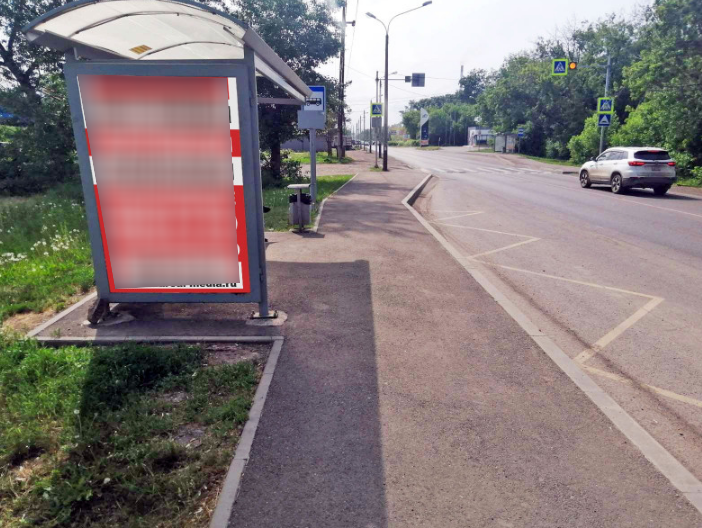 Фотография рекламного носителя, тип: Остановка 1.8x1.2, адрес: Глинки ул., д.1Д, ост. "Станция Базаиха", Красноярск, Красноярский край, Россия. Сторона Б №1046462