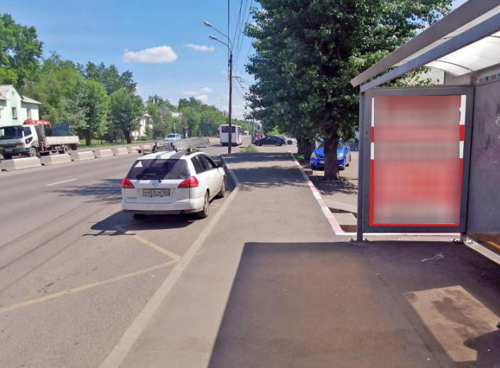 Фотография рекламного носителя, тип: Остановка 1.8x1.2, адрес: Глинки ул., д.21, Красноярск, Красноярский край, Россия. Сторона А №1046465