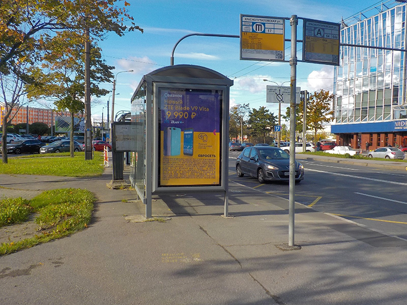 Фотография рекламного носителя, тип: Остановка 1.8x1.2, адрес: Краснопутиловская ул., д.101, Санкт-Петербург, Россия. Сторона В №165198