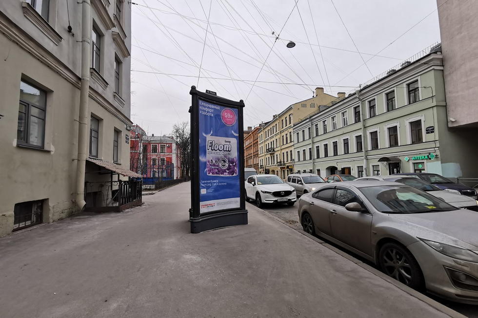 Фотография рекламного носителя, тип: Пиллар 3x1.4, адрес: 10-ая Красноармейская ул. Х Лермонтовский пр-т., д.49, Санкт-Петербург, Россия. Сторона Б №144248