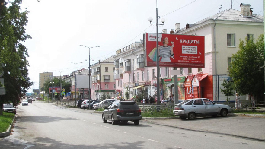 Фотография рекламного носителя, тип: Билборд 3x6, адрес: Ленина ул., д.34 Х Карпенко ул., Чебаркуль, Челябинская область, Россия. Сторона A №200968