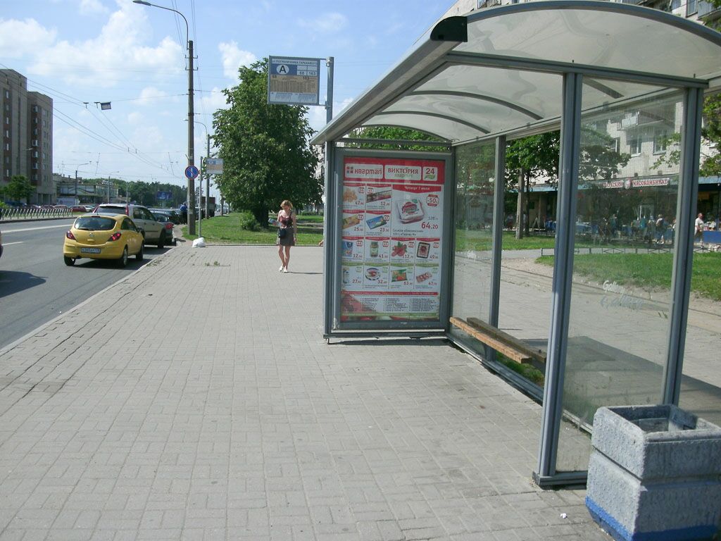 Фотография рекламного носителя, тип: Остановка 1.8x1.2, адрес: Ветеранов пр-т., д.141, Санкт-Петербург, Россия. Сторона А №130166
