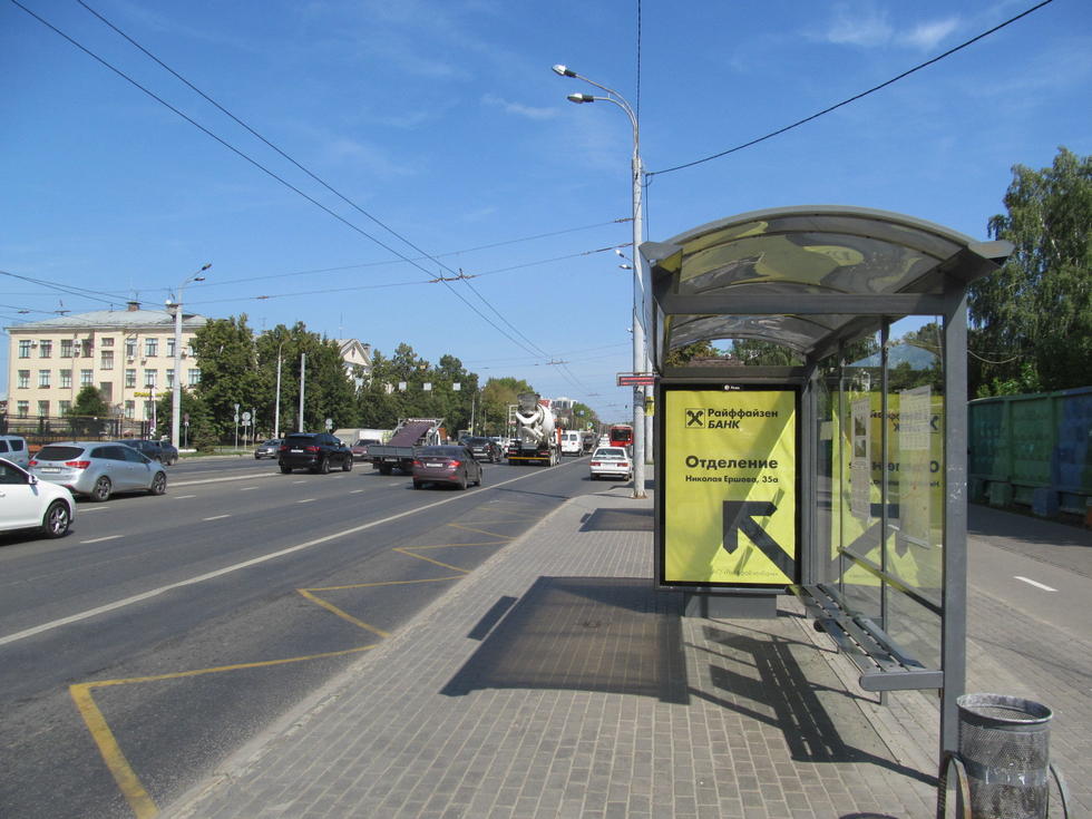 Фотография рекламного носителя, тип: Остановка 1.8x1.2, адрес: Ершова ул., ост. Акчарлак, поз.1, Казань, Республика Татарстан, Россия. Сторона А №141616