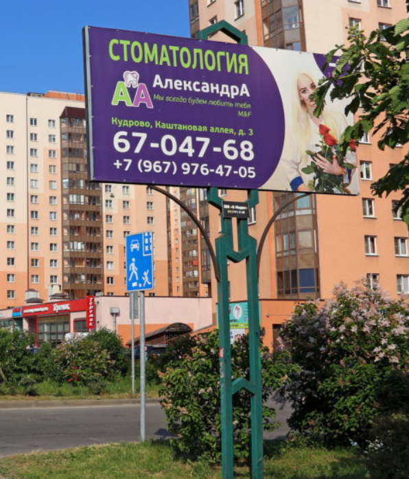 Фотография рекламного носителя, тип: Нестандартный билборд, адрес: Ленинградская ул., у Каштановой аллеи, Кудрово, Ленинградская область, Россия. Сторона А №1348701