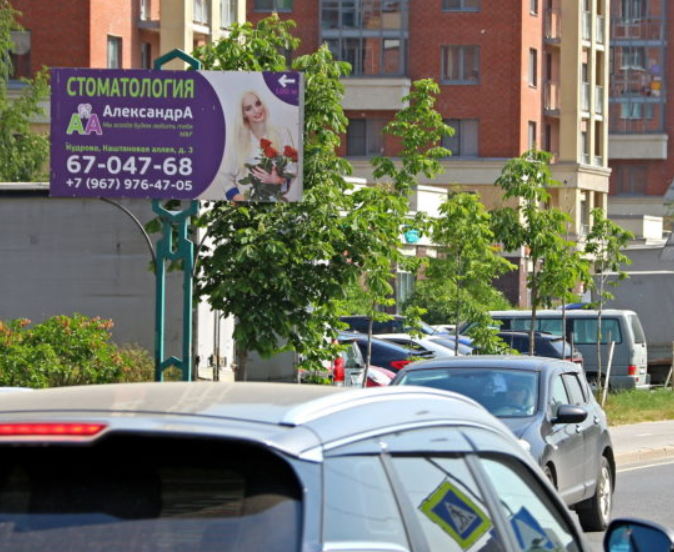 Фотография рекламного носителя, тип: Нестандартный билборд, адрес: Ленинградская ул., у Каштановой аллеи, Кудрово, Ленинградская область, Россия. Сторона В №1348702