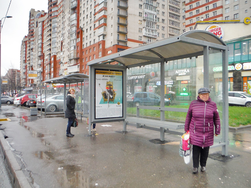 Фотография рекламного носителя, тип: Остановка 1.8x1.2, адрес: Просвещения пр-т., д.31 Х Есенина ул., Санкт-Петербург, Россия. Сторона А №164433