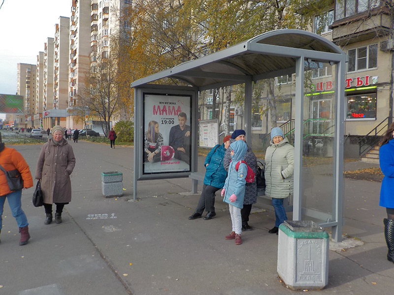 Фотография рекламного носителя, тип: Остановка 1.8x1.2, адрес: Просвещения пр-т. Х Светлановский пр-т., д.66, Санкт-Петербург, Россия. Сторона А №211563