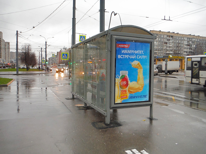 Фотография рекламного носителя, тип: Остановка 1.8x1.2, адрес: Просвещения пр-т., д.31 Х Есенина ул., Санкт-Петербург, Россия. Сторона В №164434