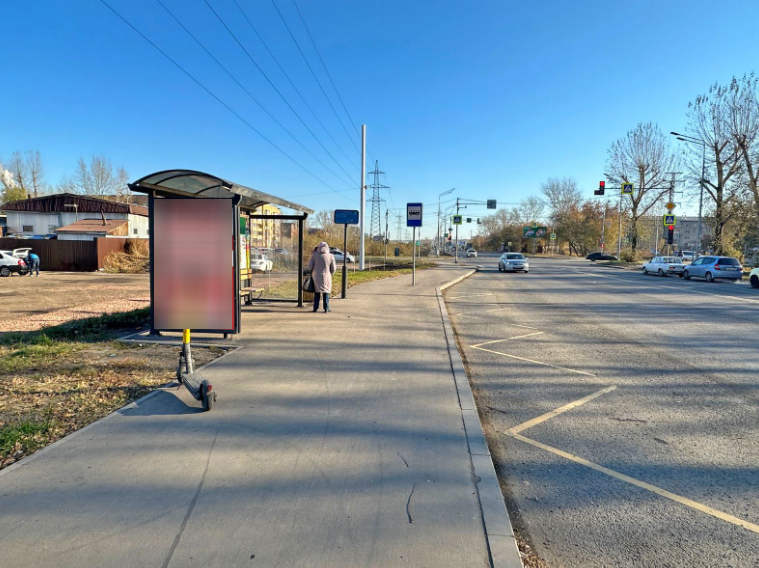 Фотография рекламного носителя, тип: Остановка 1.8x1.2, адрес: Волжская ул., д.51а, Красноярск, Красноярский край, Россия. Сторона B №1361522