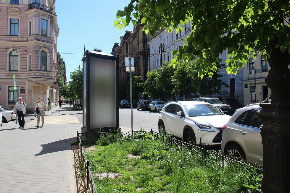 Фотография рекламного носителя, тип: Пиллар 3x1.4, адрес: Маяковского ул., д.33 Х Саперный пер., Санкт-Петербург, Россия. Сторона Б №144319