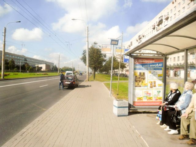 Фотография рекламного носителя, тип: Остановка 1.8x1.2, адрес: Ветеранов пр-т., д.149, Санкт-Петербург, Россия. Сторона А №130154