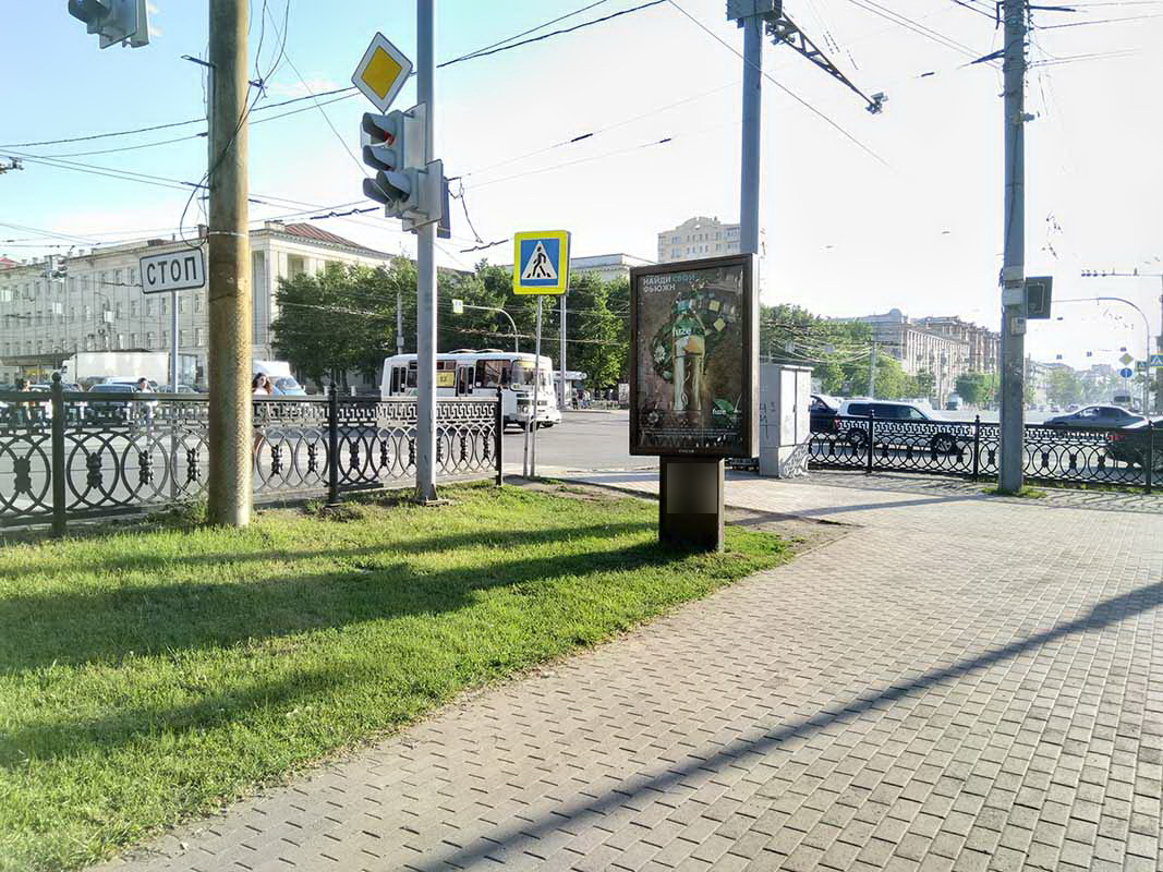 Фотография рекламного носителя, тип: Ситиформат 1.8x1.2, адрес: Ленина пр-т. Х Свердловский пр-т., Челябинск, Челябинская область, Россия. Сторона A №201963