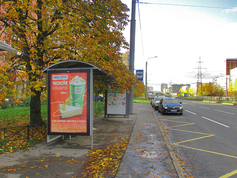 Фотография рекламного носителя, тип: Остановка 1.8x1.2, адрес: Испытателей пр-т., д.8, корп.1, Санкт-Петербург, Россия. Сторона В №165601