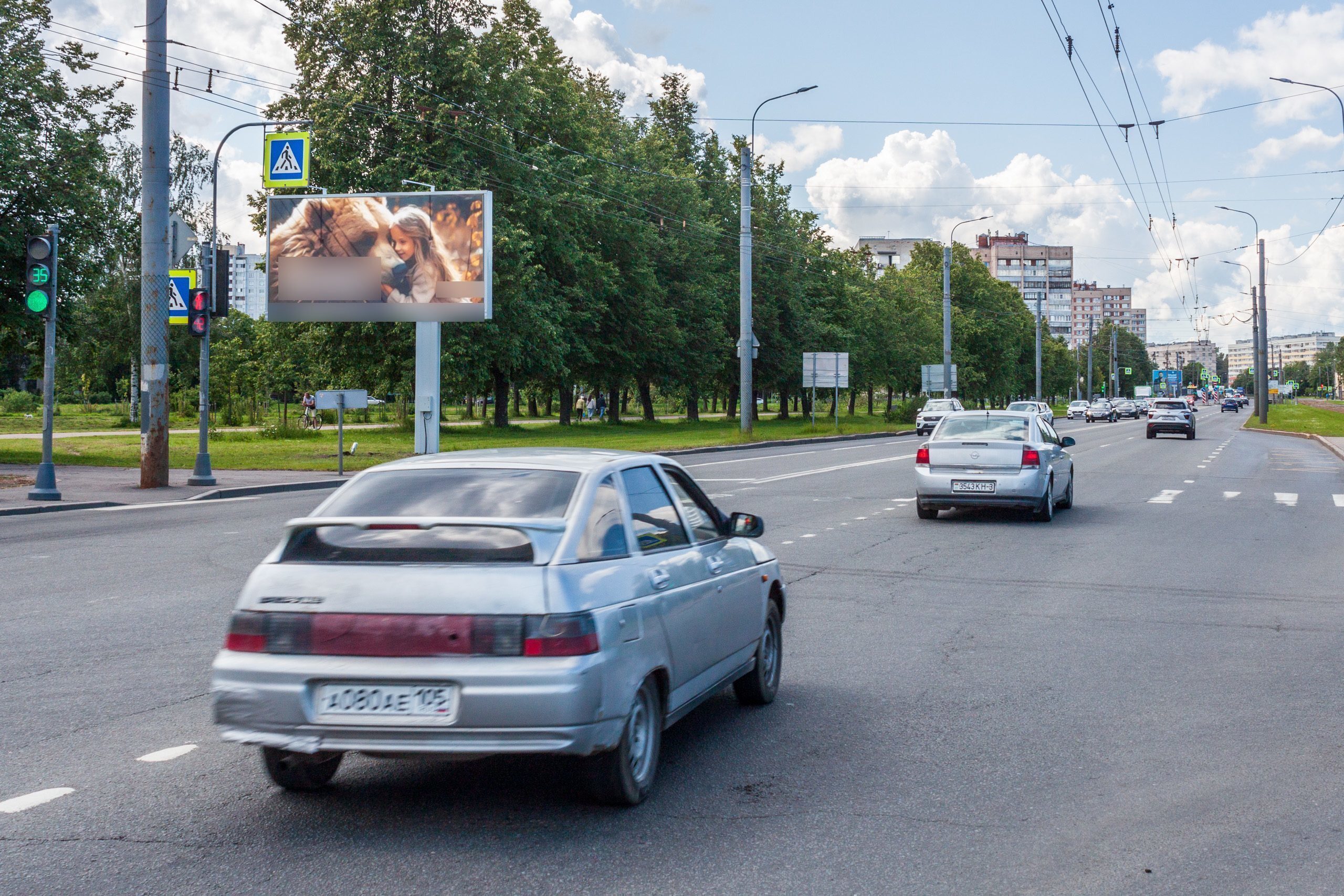 Фотография рекламного носителя, тип: Билборд 3x6, адрес: Ветеранов пр-т. X Добровольцев ул., д.38, Санкт-Петербург, Россия. Сторона Б1 №757011