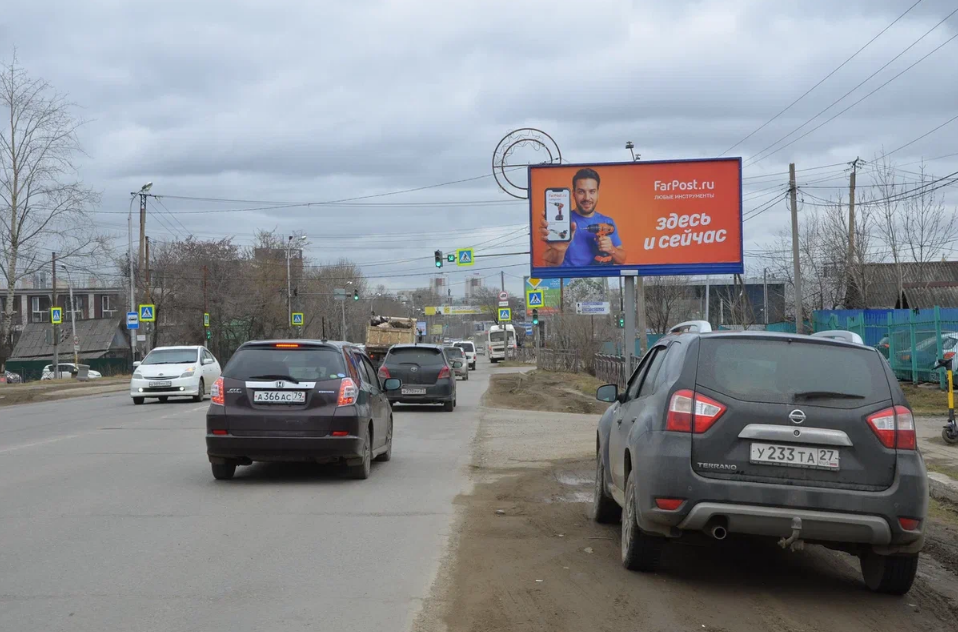Фотография рекламного носителя, тип: Билборд 3x6, адрес: Воронежская ул., д.93 Х Октябрьская ул., Хабаровск, Хабаровский край, Россия. Сторона А №971293