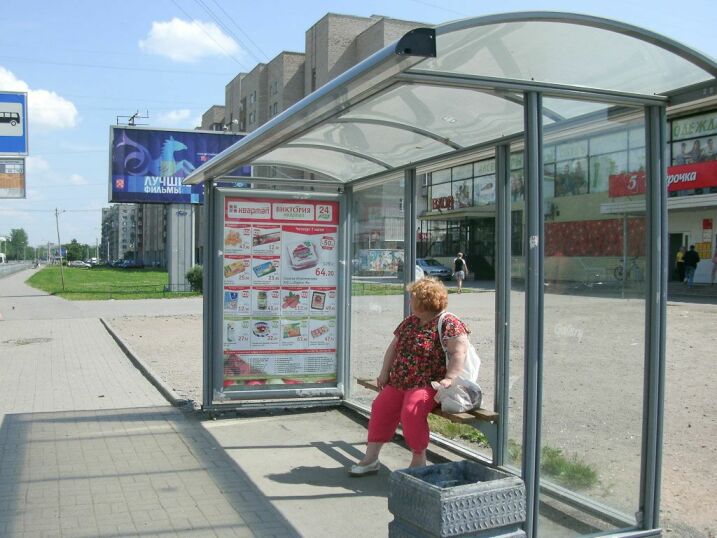 Фотография рекламного носителя, тип: Остановка 1.8x1.2, адрес: Ветеранов пр-т., д.166, Санкт-Петербург, Россия. Сторона А №130184